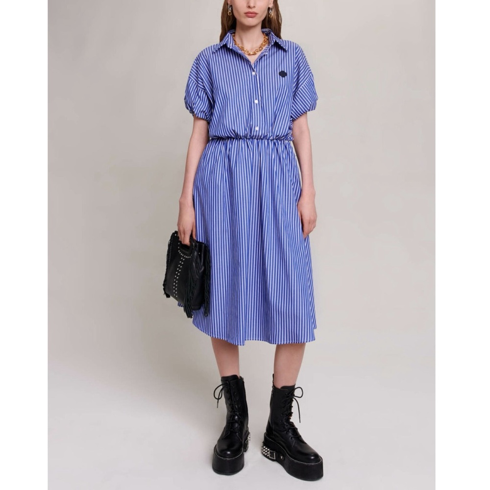 Maje Relisa Blue Stripes Polo Collar Midi Dress NWT Size 36